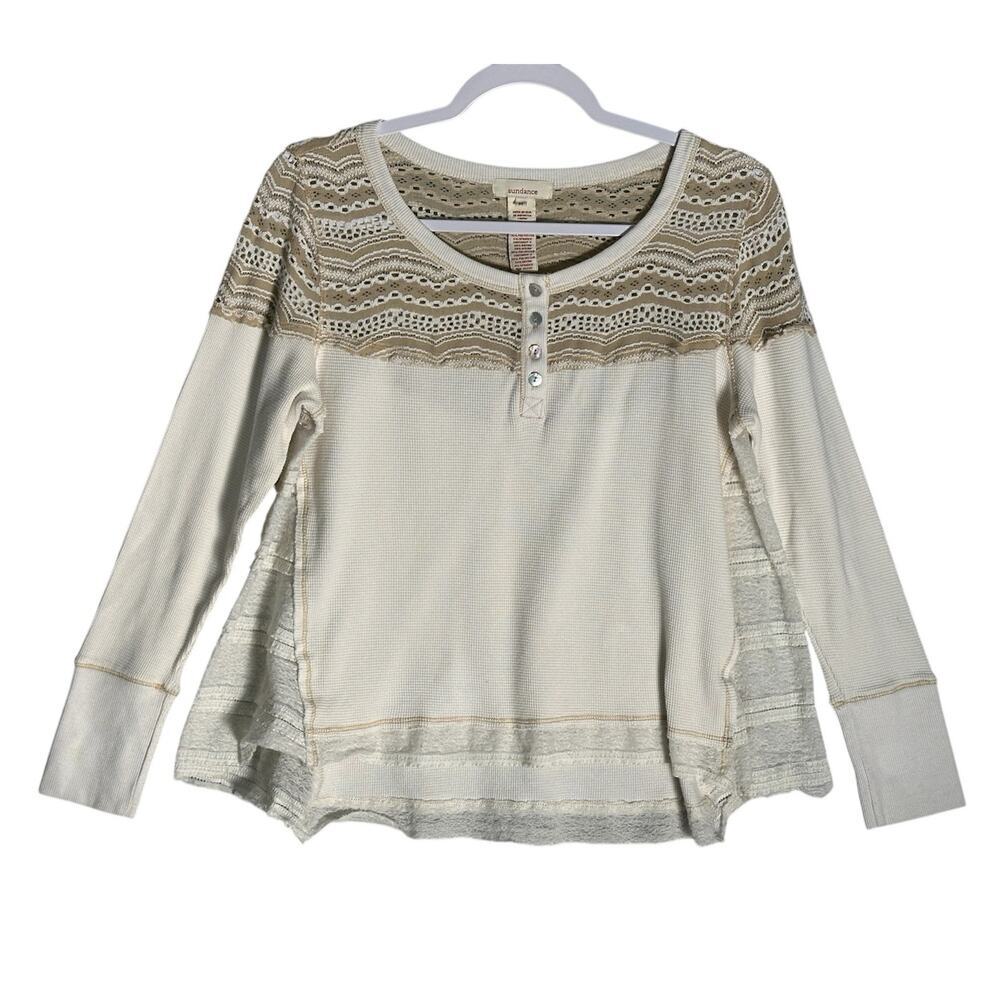 Sundance Sz M Clara Lace Thermal Henley Long Sleeve Top‎ Swing Hem Ivory Neutral